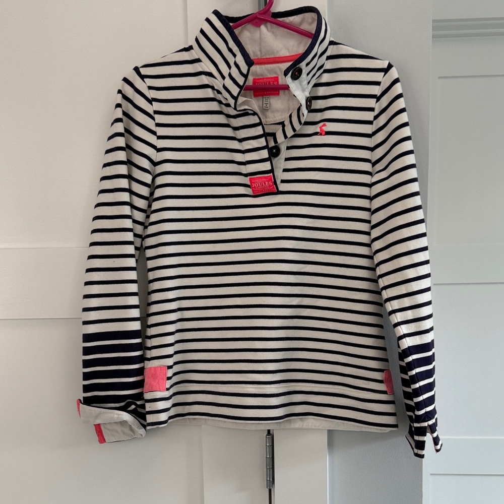 Joules Navy and White Striped Sweater with Pink Details